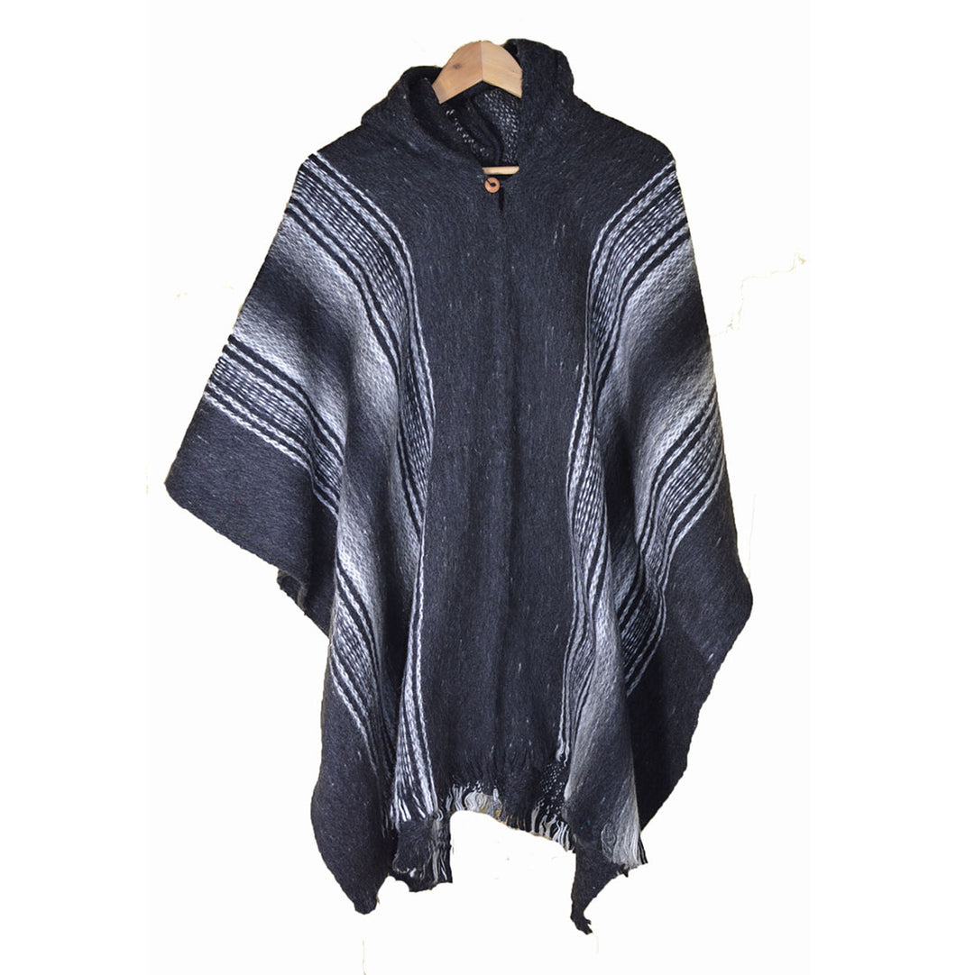 South American hand made Hooded wool poncho Stripe Dark Grey