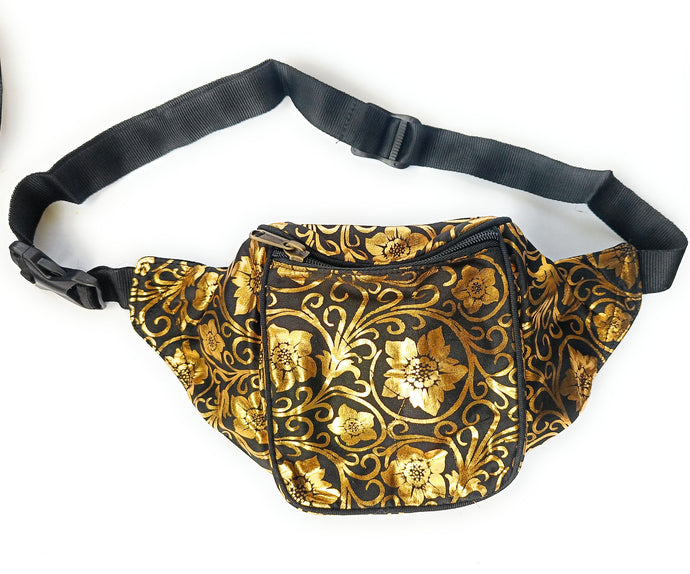 Funky floral gold foil Bum Bag Waist Bag Fanny Pack Festival Holiday Travel bags Black