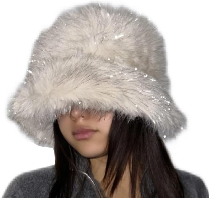 Big Soft Fluffy Faux Fur Bucket hat with Silver Fleck - Womens Winter Hats