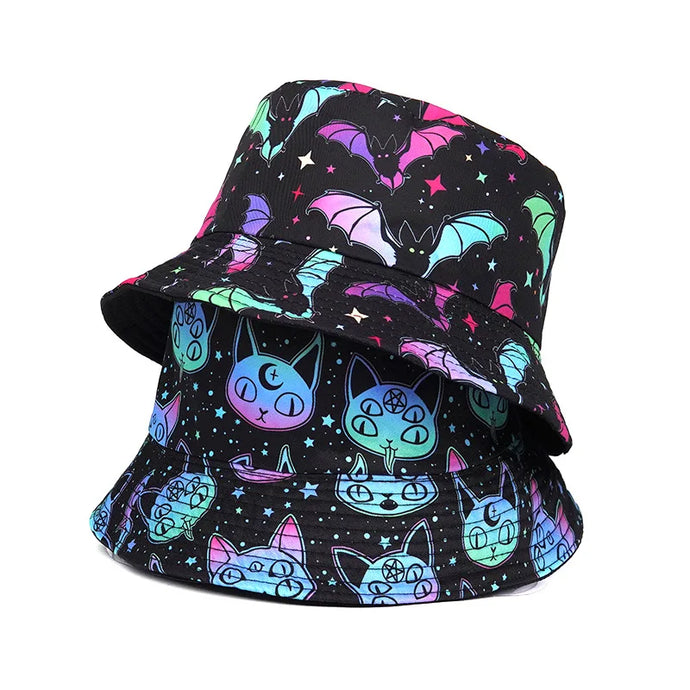 Cool New Season Punky cat Bat Print Bucket Hat Women's Men`s Festival Rock Metal Music Hats