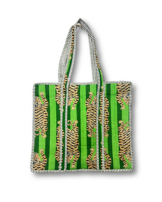 Tiger Print Cotton Tote Bag – Handmade Quilted Kantha Shoulder Bag for Women | Designer-Style Zipper Closure