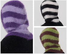 Fleecy knit Mohair style stripe knitted hood balaclava