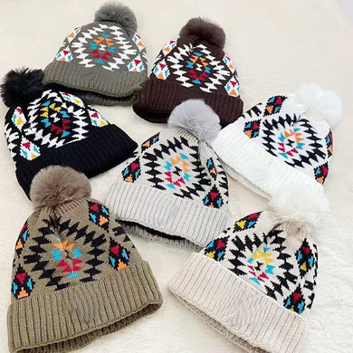 Fleece lined Native American pattern knitted faux fur pom  hat