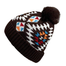 Fleece lined Native American pattern knitted faux fur pom  hat